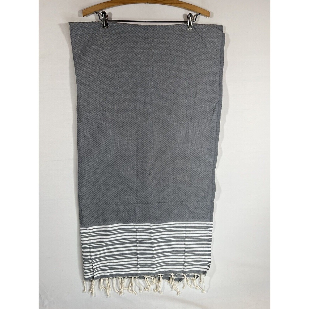 Williams Sonoma Table Runner Gray Stripe Linen Fringe Coastal Minimalist Decor